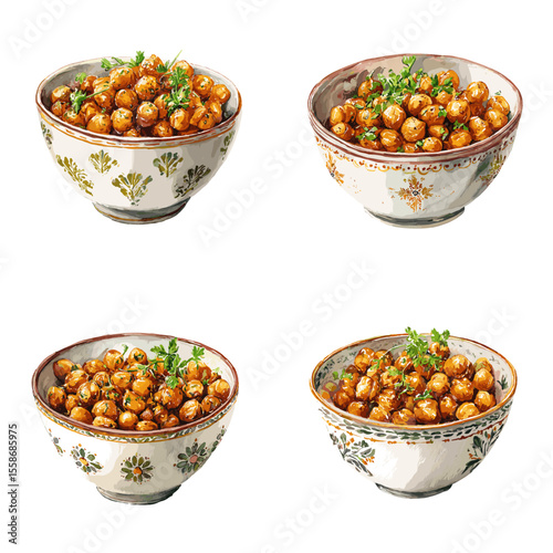 Watercolor illustration of roasted spiced chickpeas served in ornate ceramic bowls, great for healthy food content, snack menus, or plant-based branding.

