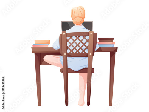 Vector cartoon illustration of woman sitting at desk with laptop and books, viewed from the back. Great for concepts like remote work, online learning, freelancing, productivity, and studying at home.