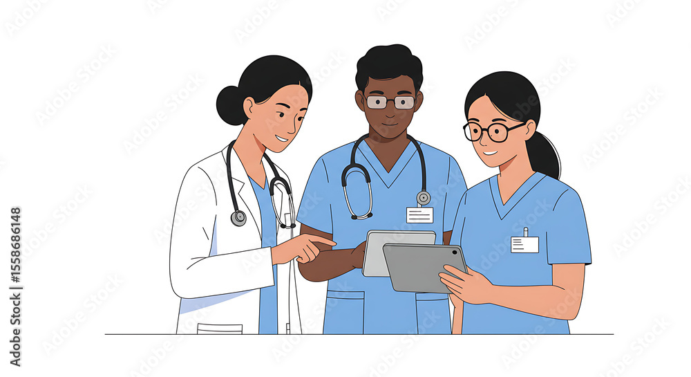 Fototapeta premium Diverse Team of Doctors Using Tablets for Medical Consultation.
