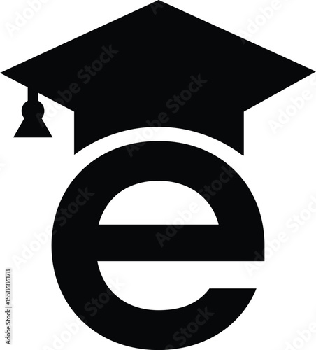 Stylized educational typography featuring lowercase and uppercase letters topped with academic graduation caps, symbolizing modern learning and creative academic design, letter e education hat