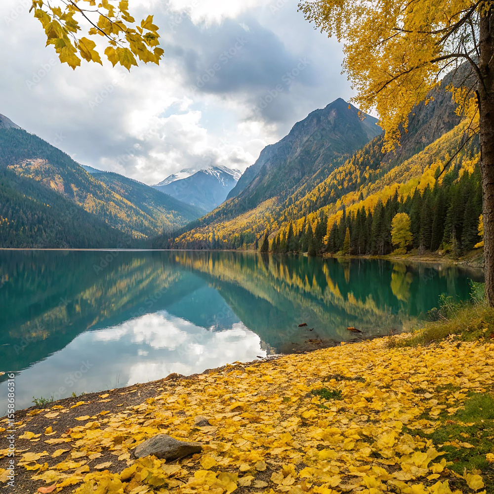 Obraz premium Autumnal Lakeside Vista Golden Foliage Mountain Majesty and Tranquil Waters