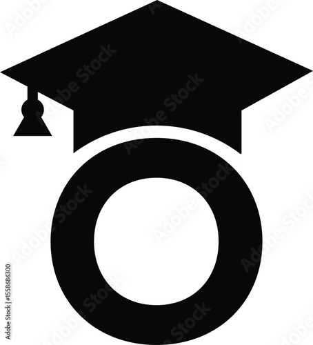 Stylized educational typography featuring lowercase and uppercase letters topped with academic graduation caps, symbolizing modern learning and creative academic design, letter o education hat