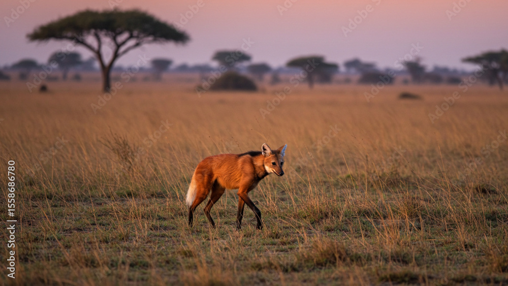 Fototapeta premium maned wolf running in the field