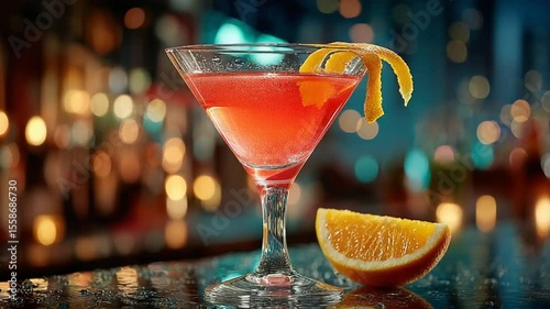 Elegant Cosmo Cocktail in Glass with Orange Peel Garnish on a Wet Bar Counter