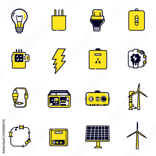 Collection of Yellow and Blue Energy Icons:  Electricity, Solar, and Wind Power Symbols