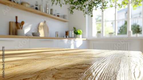 Cozy minimalist kitchen with warm wooden table, modern white cabinets, and sunlit Scandinavian-inspired elements. Clean and bright kitchen background