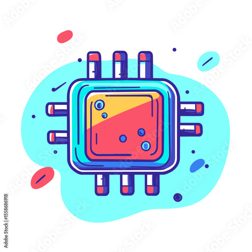 Colorful, stylized illustration of a computer processor chip with vibrant details.