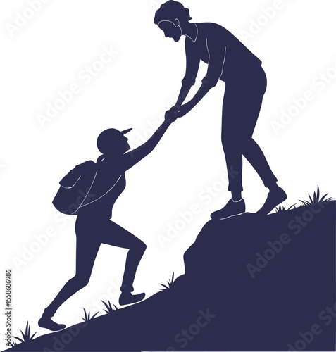 Two hikers helping each other climb a rocky hill isolated on transparent background