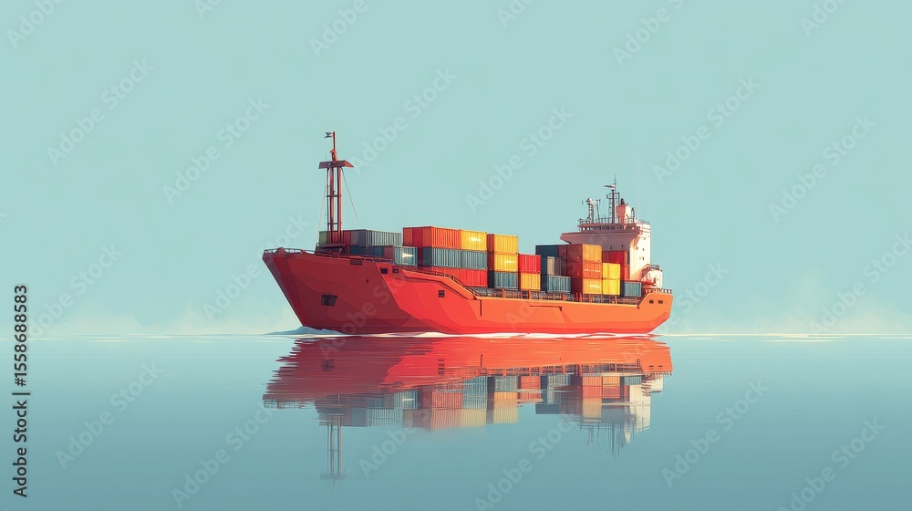 Fototapeta premium Maritime freight vessel flat design side view theme: ocean trade 3D render vivid.