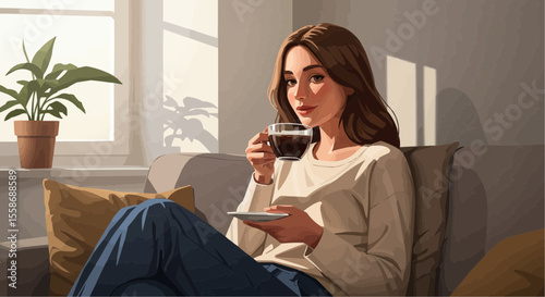 Woman sitting on sofa and drinking coffee in cozy indoor setting  