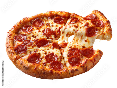 Pepperoni pizza slice with cheese pull on white background