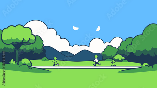 Summer Park Scene: Stylized Figures Enjoying a Sunny Day