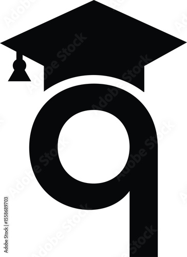 Stylized educational typography featuring lowercase and uppercase letters topped with academic graduation caps, symbolizing modern learning and creative academic design, letter q education hat
