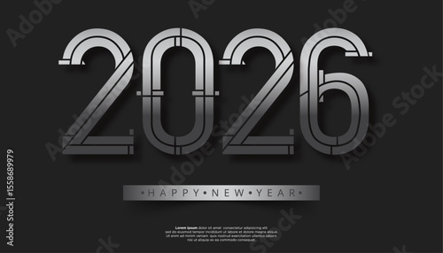 Striking silver 2026 digits in a futuristic linear style on a dark grey backdrop Happy New Year banner visible