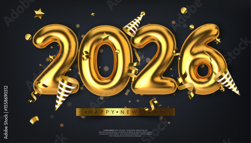 Golden balloon style numbers '2026' on a dark backdrop Confetti stars ribbons and party poppers enhance the 'Happy New