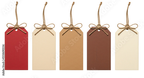 Five rustic gift tags with twine bows isolated on transparent background