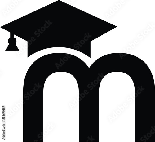 Stylized educational typography featuring lowercase and uppercase letters topped with academic graduation caps, symbolizing modern learning and creative academic design, letter m education hat