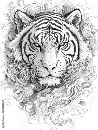 Intricate Black and White Illustration of a Majestic Tiger Face