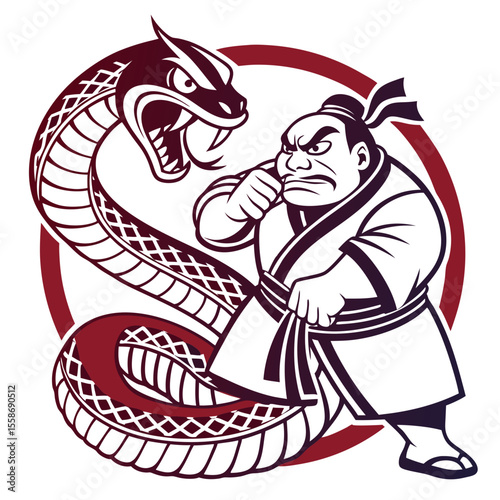 angry sumo wrestler and snake logo.  Sumo wrestler vector logo.