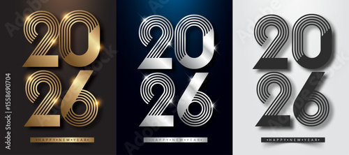 Triple graphic of 2026 numbers in elegant gold silver and dark gray striped designs Happy New Year text included