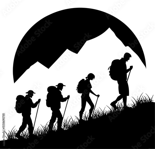 Silhouette of Hikers on Mountain Trail