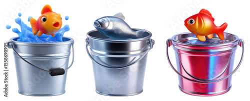 Fish splashing in shiny metal buckets, cartoon 3D fishing-themed objects, isolated on transparent background