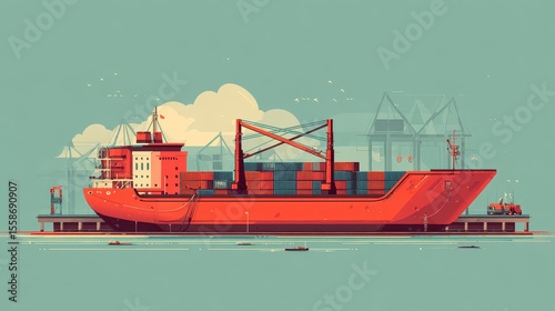 red cargo ship at port, flat style clip art preview
