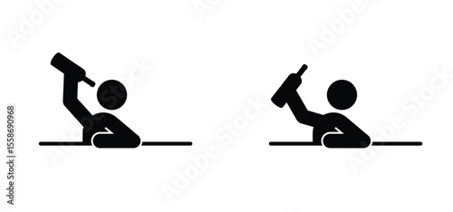 Cartoon stickman, stick figure drunk man with wine bottle. Alcoholic drink. People are talking at the table and having drinks showing cheers posture. Cafe, bar kitchen table. Alcoholism concept.