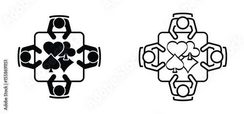 card game round table. Cartoon ace, king, queen, heart,jack. Cards game spades.  Poker player card. Spade jack pattern. Vector bridge icon. Gambling play suit black blackjack. Casino club gaming. 