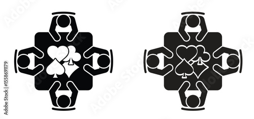 card game round table. Cartoon ace, king, queen, heart,jack. Cards game spades.  Poker player card. Spade jack pattern. Vector bridge icon. Gambling play suit black blackjack. Casino club gaming. 
