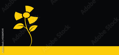 Radioactive nuclear symbol with flower. Uranium reactor concept. Bloom with leaves. Nuclear power energy. Plant logo. The most common radioactive elements are uranium, radium, polonium, and thorium.