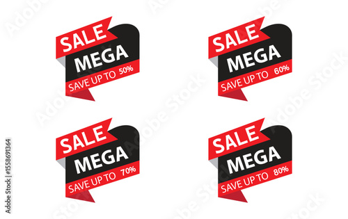 Set of sale tags. Ribbon sale banners. Red ribbon price and discount labels. Red starburst stickers. icon