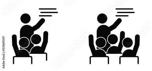 Cartoon teacher or instructor teaches a group of students and asks a question Classroom for study and learning. Raise your hand to ask or answer something to school teacher. Stick figure man.
