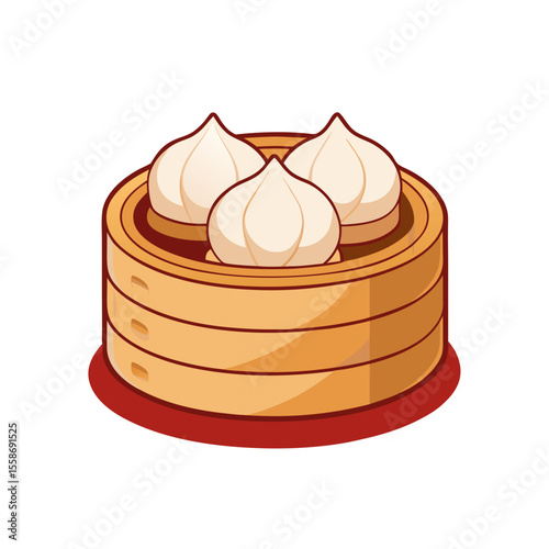 Stylized vector of Chinese dumplings in a bamboo steamer, clean minimal background