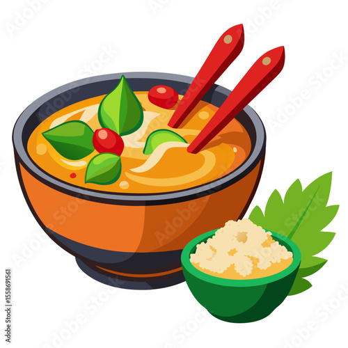 Thai curry in a bowl vector with rice on the side, spicy color palette, white background