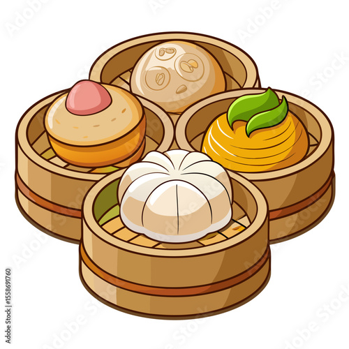 Dim sum selection in vector art style, isolated on a white background