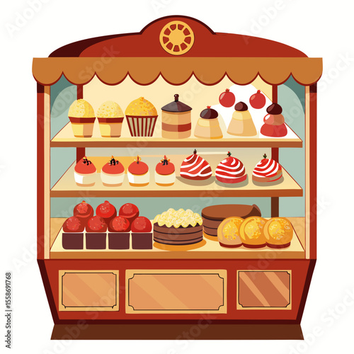 Vintage-style vector of a bakery display case with cakes and pastries, white background