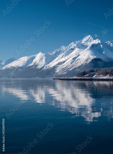 Wallpaper Mural Snow Covered Mountain Range Reflected in Calm Lake Under Clear Blue Sky Torontodigital.ca