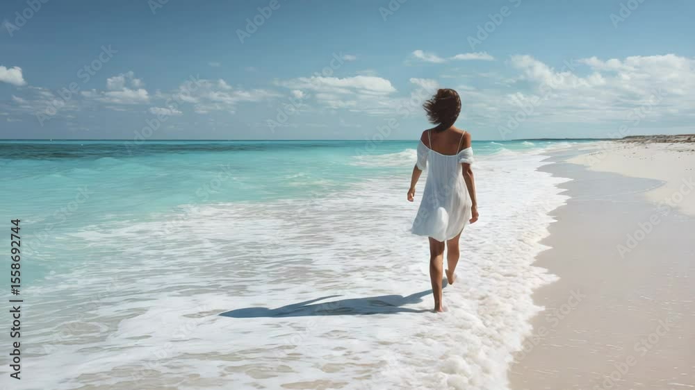 Woman Walking Along Serene Tropical Beach with Clear Blue Water and White Sand Woman Walking Along Serene Tropical Beach with Clear Blue Water and White Sand