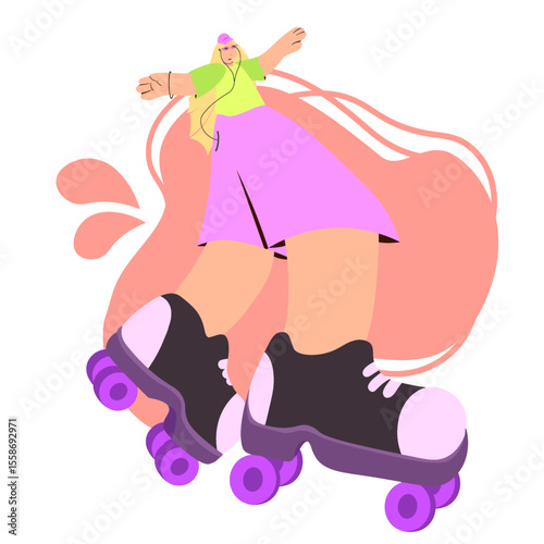 Skating girl in wide stance wearing green and purple outfit with large roller skates