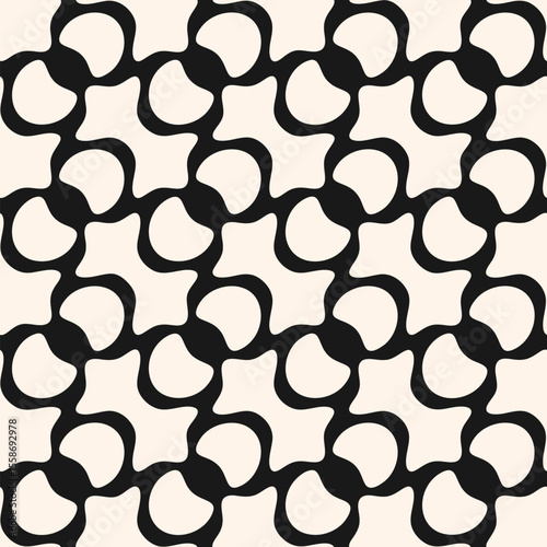 Abstract vector geometric seamless pattern. Elegant black and white background with smooth quirky shapes, diagonal grid. Retro style ornament texture. Repeating geo design for fabric, print, textile
