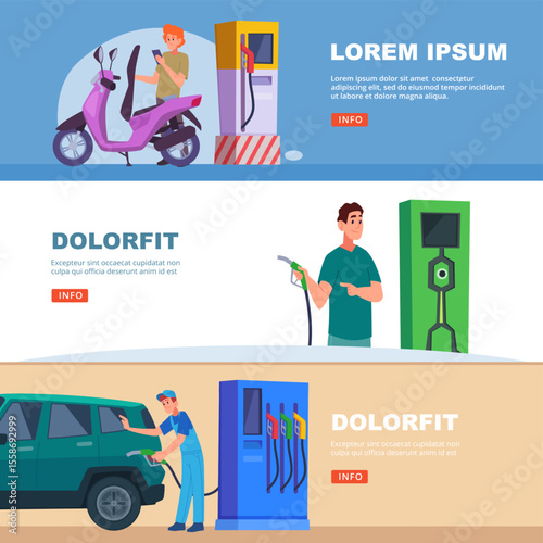 Gas station. banners with driver refuel car. vector templates with place for text
