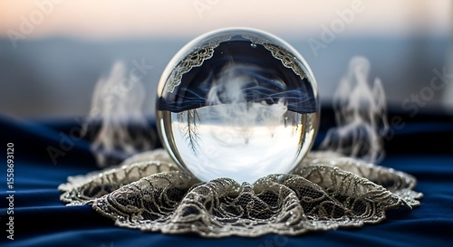 Crystal ball reflecting a landscape, resting on delicate lace, with wisps of smoke.
