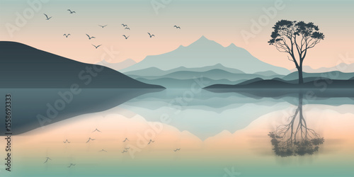 Mountain lake at dawn, minimalistic landscape, picturesque reflection, vector illustration