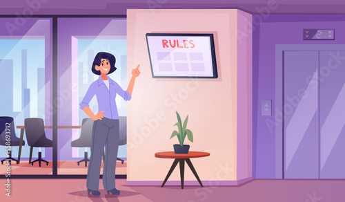 Business people in office. Managers hands pointing on ads banner in office interior exact vector background