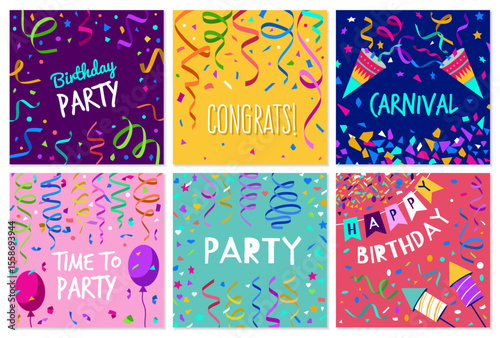 Cards invitation. Decorated placards or cards with colorful geometrical confetti recent vector print design templates