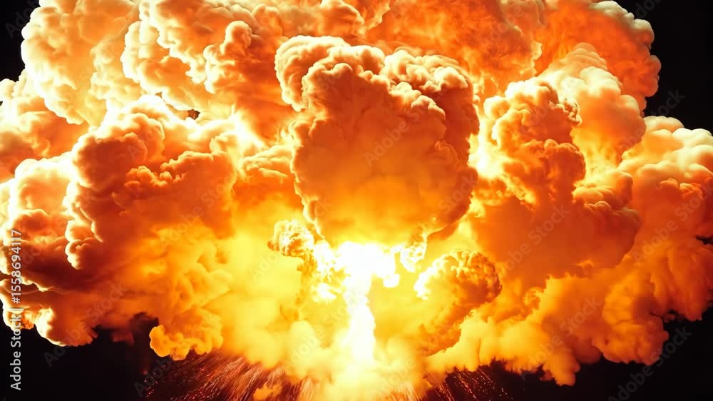 Huge fiery explosion with billowing flames and smoke against dark background powerful blast visual effect fireball destruction video


