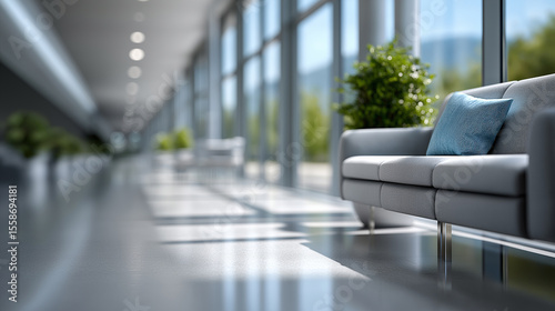 Spacious Medical Hallway with Minimalist Design, Daylight-Filled Windows, and Comfortable Seating – Calm and Professional Healthcare Interior,modern hospital, healthcare architecture, clean corridor

