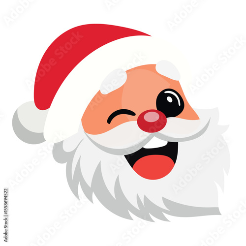 Happy Santa Claus Face Portrait. Cartoon Funny Christmas and New Year Santa Old Man with Beard in Red Hat Character. Winter Holiday Celebration Card Element. Santa Sticker Icon. Positive Santa Avatar.