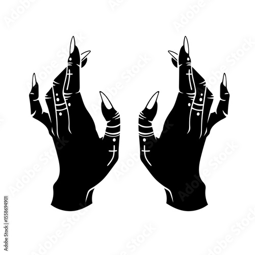 On a white background there is a black silhouette of hands performing a mystical gesture